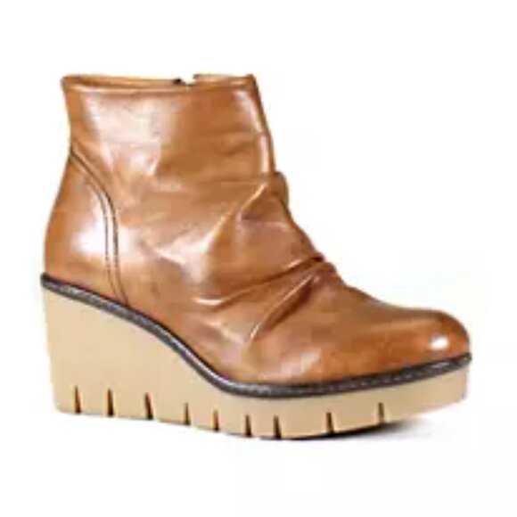 NEW DIBA TRUE Leather Nift Tee Wedge Booties whiskey for women 462tn - Picture 1 of 5